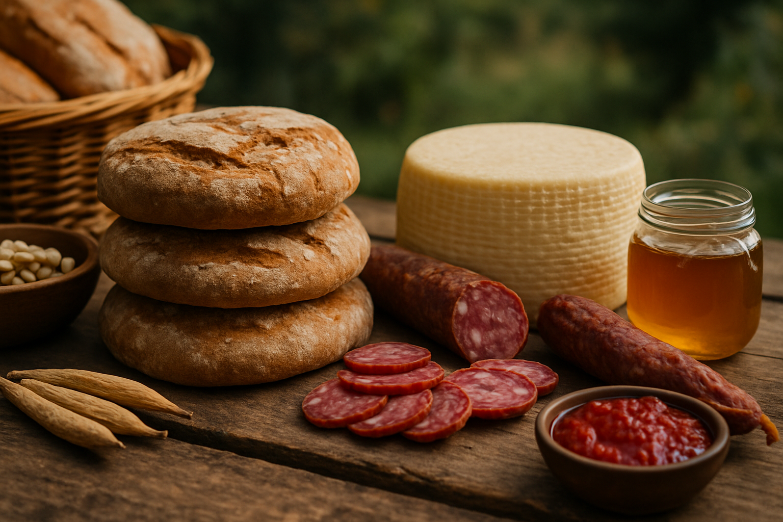 Mesa rústica com queijos artesanais, pães de fermentação natural, embutidos e geleias