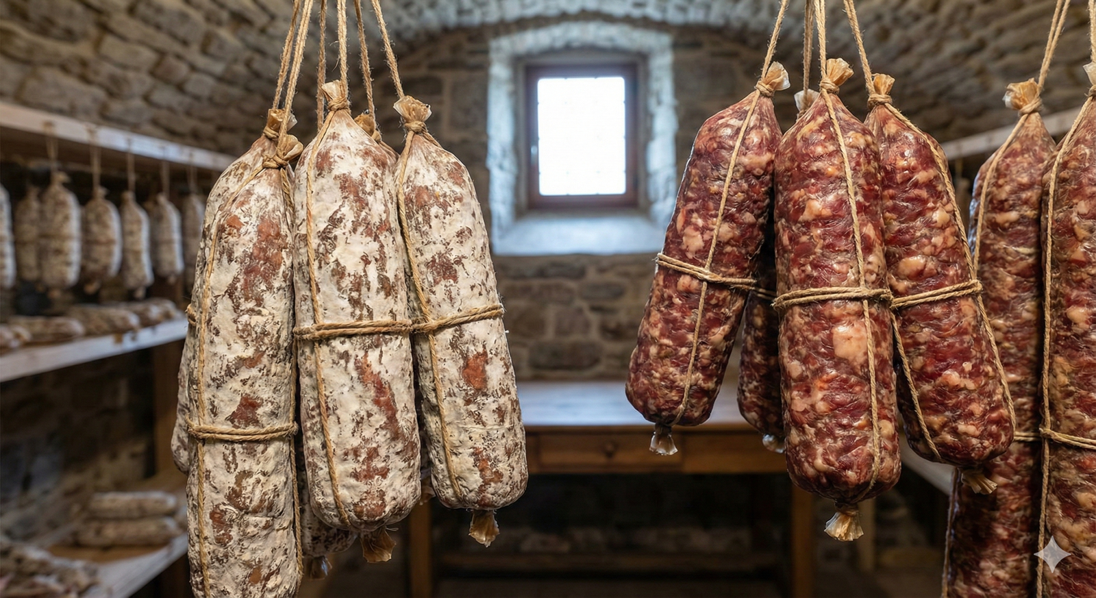 Processo de produção de salame artesanal pendurado para cura