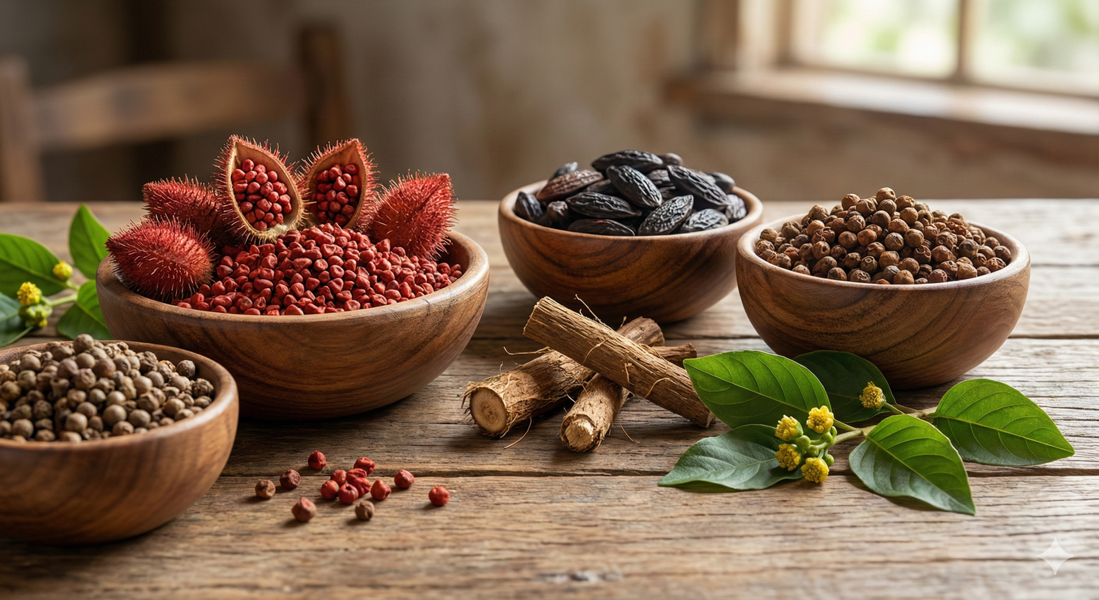 Fotografia artística de temperos brasileiros raros em cumbucas de madeira