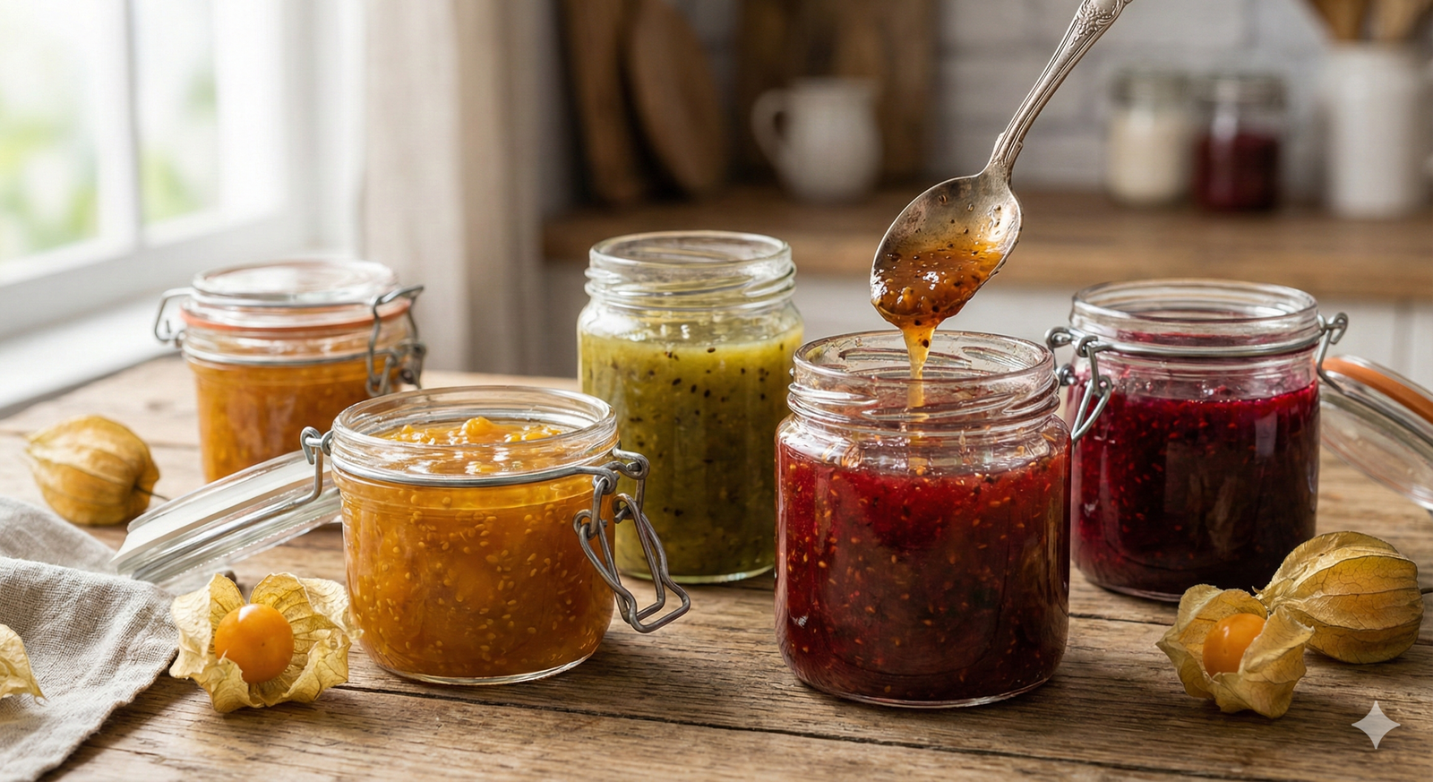 Prateleira com produtos artesanais e compotas em um mercado especial