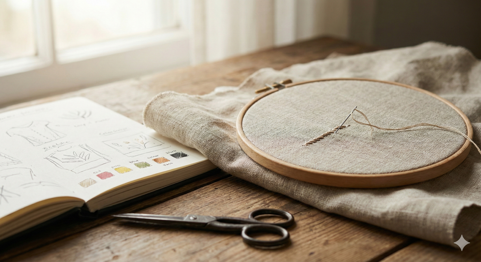 Ferramentas artesanais e materiais rústicos organizados em uma mesa para criação de conteúdo manual