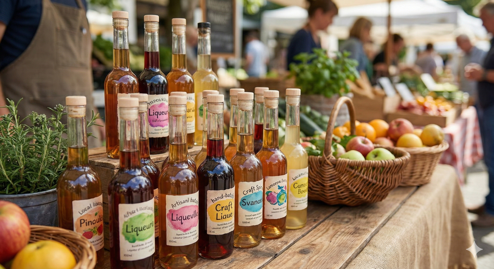 Prateleira com rótulos artesanais e bebidas regionais organizadas lado a lado