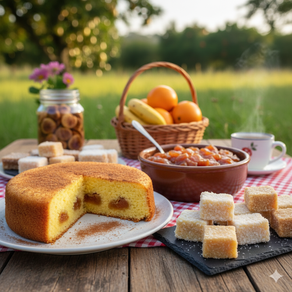 Variedade de doces de fazenda em potes de vidro e pratos rústicos