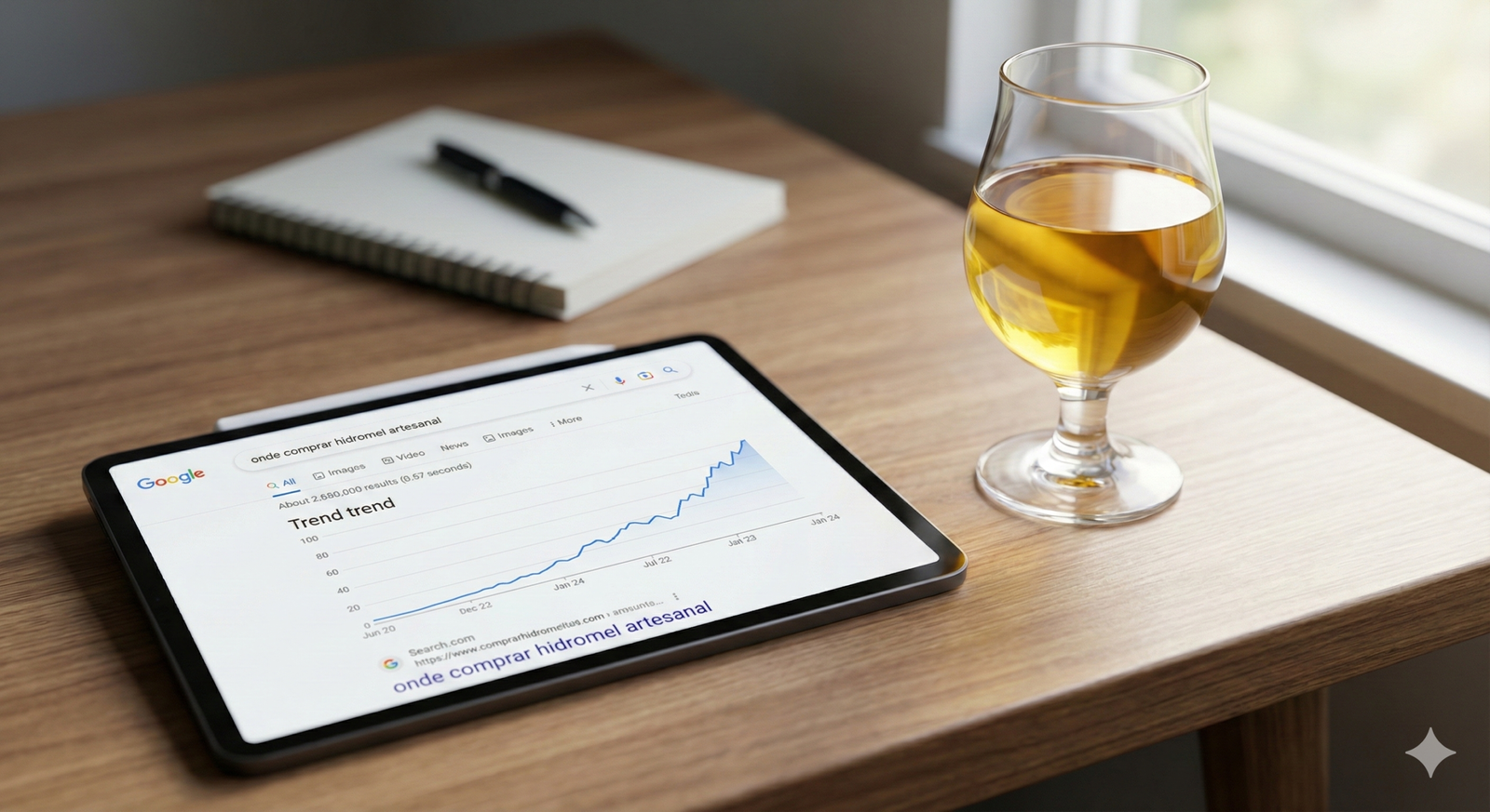 Garrafa de hidromel brasileiro com rótulo sofisticado, taça servida e mel ao fundo