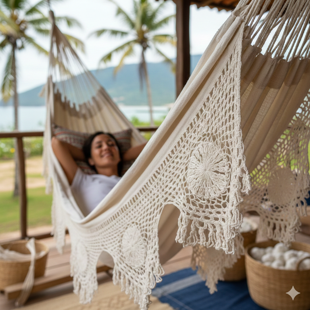 Rede de descanso branca em varanda rústica com vista para a natureza