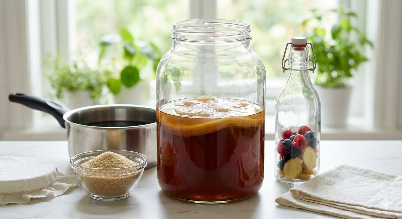 Vários tipos de kombucha artesanal com diferentes sabores, frutas e ervas